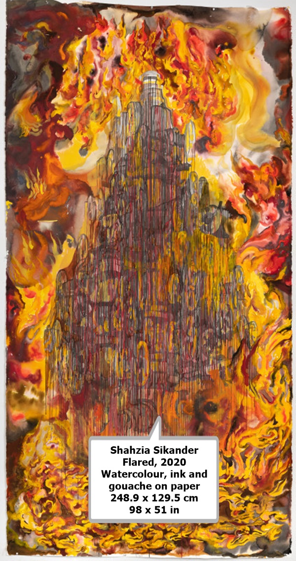 click to enlarge- double click to reduce Shahzia Sikander
Flared, 2020
Watercolour, ink and gouache on paper
248.9 x 129.5 cm
98 x 51 in