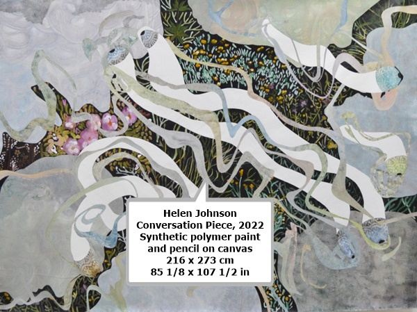 click to enlarge- double click to reduce Helen Johnson
Conversation Piece, 2022
Synthetic polymer paint and pencil on canvas
216 x 273 cm
85 1/8 x 107 1/2 in
