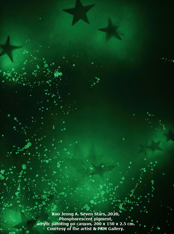 Koo Jeong A. Seven Stars, 2020, Phosphorescent pigment, acrylic painting on canvas, 200 x 150 x 2.5 cm. Courtesy of the artist & PKM Gallery.