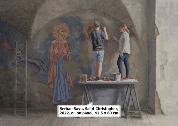 click to enlarge- double click to reduce Serban Savu, Saint Christopher, 2022, oil on panel, 42.5 x 60 cm