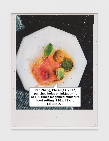 click to enlarge- double click to reduce Ran Zhang, Chiral (1), 2017, punched holes on inkjet print of 100 times magnified miniature food setting, 120 x 91 cm, Edition 2/3