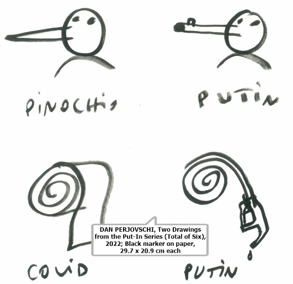 click to enlarge- double click to reduce DAN PERJOVSCHI, Two Drawings from the Put-In Series (Total of Six), 2022; Black marker on paper, 29.7 x 20.9 cm each