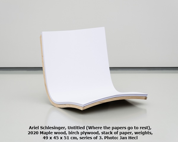 click to enlarge- double click to reduce Ariel Schlesinger, Untitled (Where the papers go to rest), 2020
Maple wood, birch plywood, stack of paper, weights, 49 x 45 x 51 cm, series of 3. Photo: Jan Hecl