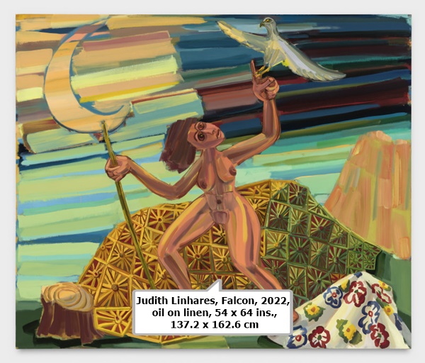 click to enlarge- double click to reduce Judith Linhares, Falcon, 2022, oil on linen, 54 x 64 ins., 137.2 x 162.6 cm