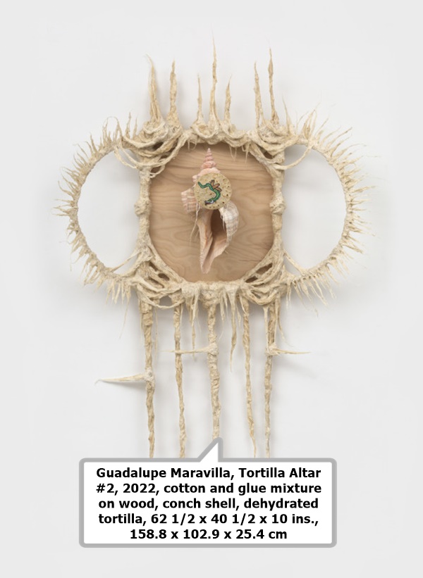 Guadalupe Maravilla, Tortilla Altar #2, 2022, cotton and glue mixture on wood, conch shell, dehydrated tortilla, 62 1/2 x 40 1/2 x 10 ins., 158.8 x 102.9 x 25.4 cm