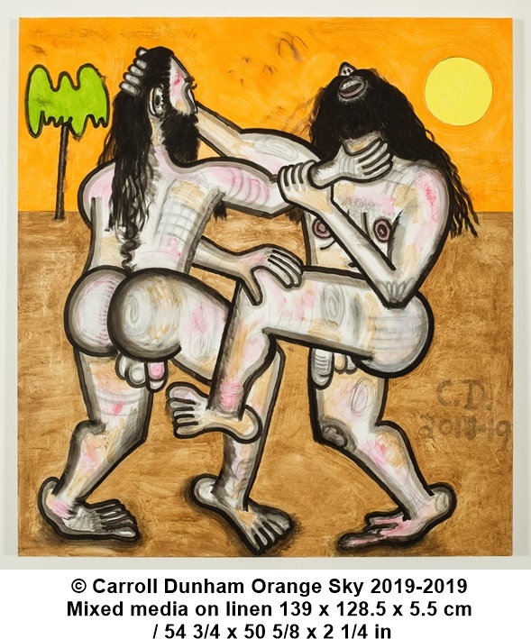 Carroll Dunham, © Carroll Dunham Orange Sky 2019-2019 Mixed media on linen 139 x 128.5 x 5.5 cm / 54 3/4 x 50 5/8 x 2 1/4 in