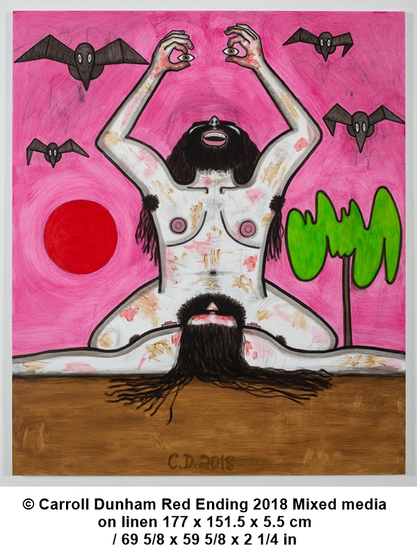 Carroll Dunham, © Carroll Dunham Red Ending 2018 Mixed media on linen 177 x 151.5 x 5.5 cm / 69 5/8 x 59 5/8 x 2 1/4 in