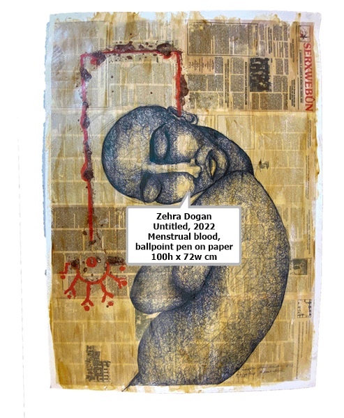 click to enlarge- double click to reduce Zehra Doğan
Untitled, 2022
Menstrual blood, ballpoint pen on paper
100h x 72w cm