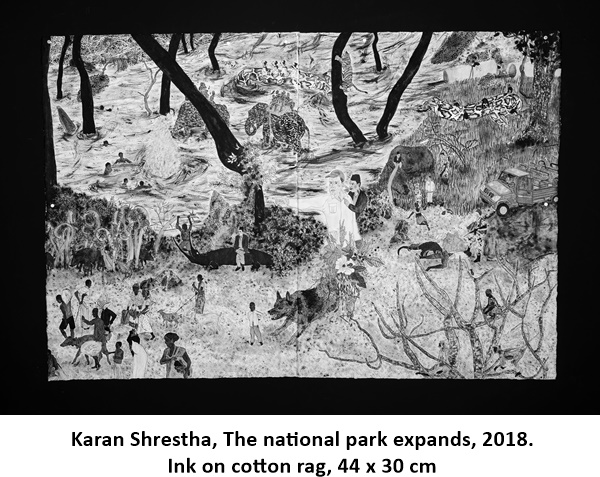 Karan Shrestha, The national park expands, 2018. Ink on cotton rag, 44 x 30 cm