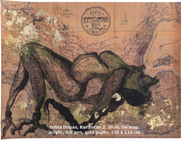 click to enlarge- double click to reduce Zehra Doğan, Kurdistan 2, 2020. On map, acrylic, felt pen, gold paper, 150 x 114 cm