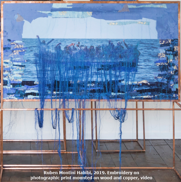 click to enlarge- double click to reduce Ruben Montini
Habibi, 2019. Embroidery on photographic print mounted on wood and copper, video