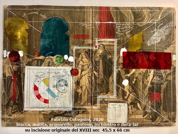 Fabrizio Cotognini, 2020
biacca, matita, acquarello, pantone, inchiostro e dura-lar
su incisione originale del XVIII sec  45,5 x 66 cm