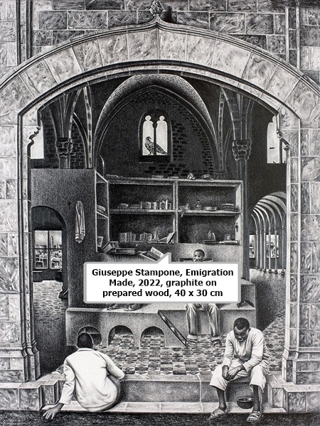 click to enlarge- double click to reduce Giuseppe Stampone, Emigration Made, 2022, graphite on prepared wood, 40 x 30 cm