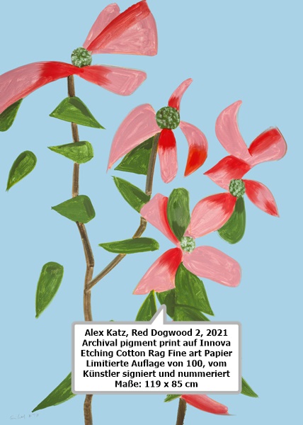 Alex Katz, Red Dogwood 2, 2021
Archival pigment print auf Innova Etching Cotton Rag Fine art Papier
Limitierte Auflage von 100, vom Künstler signiert und nummeriert
Maße: 119 x 85 cm
