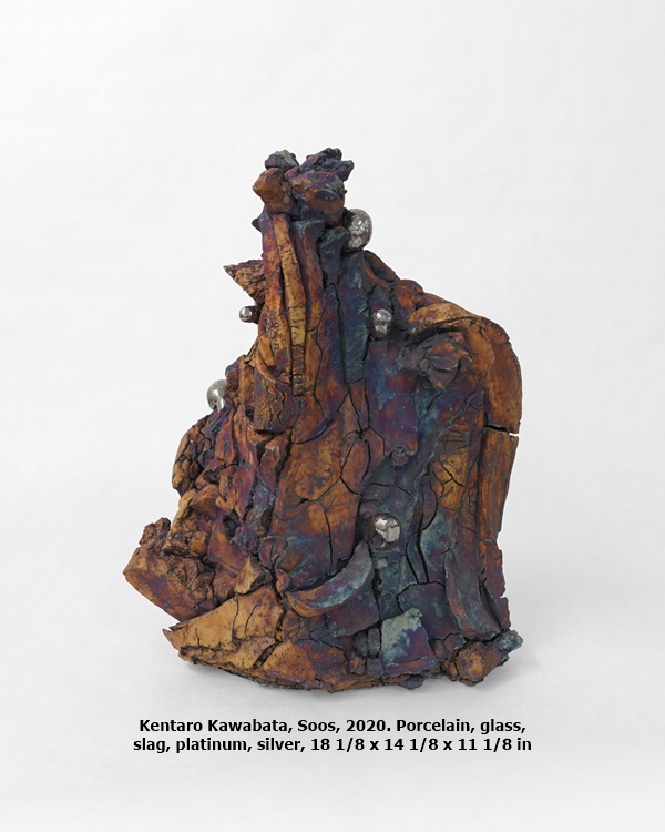Kentaro Kawabata, Soos, 2020. Porcelain, glass, slag, platinum, silver, 18 1/8 x 14 1/8 x 11 1/8 in