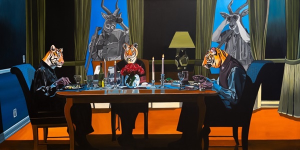 Deborah Sengl, Trouble in Paradise, 2024, Acryl auf Leinwand, 120 x 240 cm
