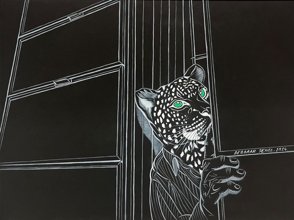 Deborah Sengl, Inside Out (Window), 2024, acrylic on cardboard, framed, 40 x 50 cm 
