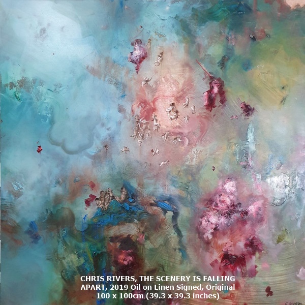 CHRIS RIVERS, THE SCENERY IS FALLING 
APART, 2019 Oil on Linen Signed, Original
100 x 100cm (39.3 x 39.3 inches)