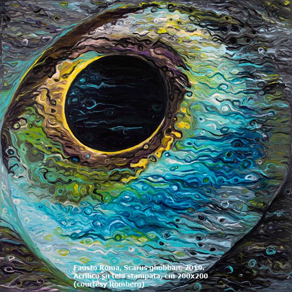 Fausto Roma, Scarus ghobban, 2019. 
Acrilico su tela stampata, cm 200x200 (courtesy Romberg)