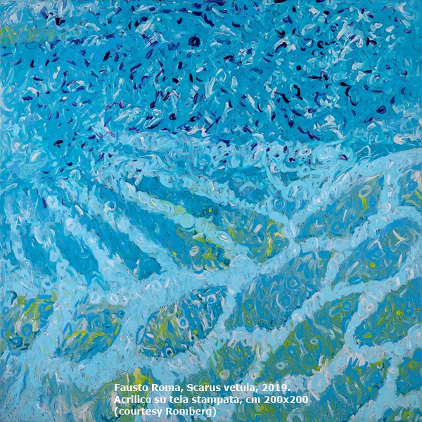 Fausto Roma, Scarus vetula, 2019. 
Acrilico su tela stampata, cm 200x200 (courtesy Romberg)