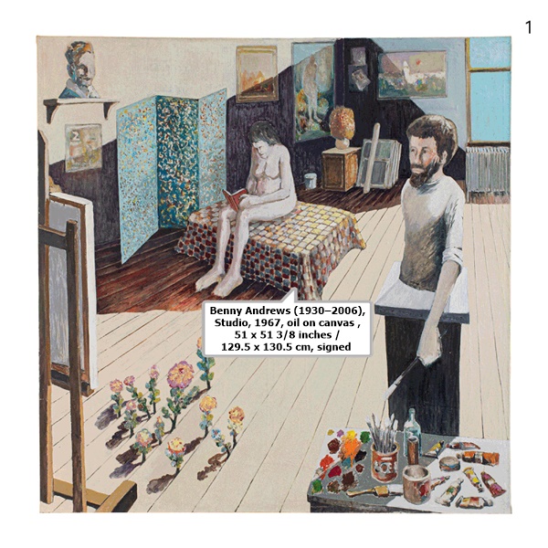 Benny Andrews (1930–2006), Studio, 1967, oil on canvas , 51 x 51 3/8 inches / 129.5 x 130.5 cm, signed 