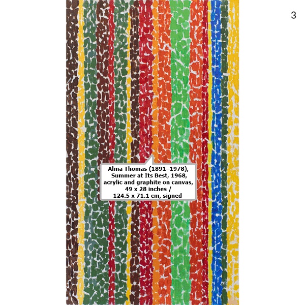 Alma Thomas (1891–1978), Summer at Its Best, 1968, acrylic and graphite on canvas, 49 x 28 inches / 124.5 x 71.1 cm, signed 