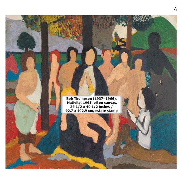Bob Thompson (1937–1966), Nativity, 1961, oil on canvas, 36 1/2 x 40 1/2 inches / 92.7 x 102.9 cm, estate stamp 