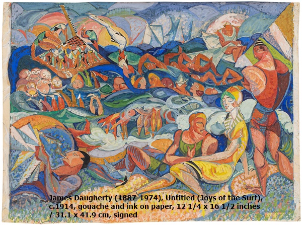 James Daugherty (1887-1974), Untitled (Joys of the Surf), c.1914, gouache and ink on paper, 12 1/4 x 16 1/2 inches / 31.1 x 41.9 cm, signed