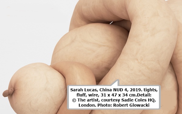 Sarah Lucas, China NUD 4, 2019. tights, fluff, wire, 31 x 47 x 34 cm.
Detail: © The artist, courtesy Sadie Coles HQ, London. Photo: Robert Glowacki
