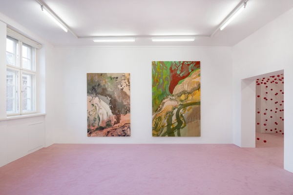 click to enlarge- double click to reduce Installation view: Matthew Lutz-Kinoy. Window to the Clouds; Salon Berlin, Museum Frieder Burda Matthew Lutz-Kinoy, Vue du torrent du Valentin dans le parc des Buttes Chaumont au sud, 2020. Acrylic on canvas, 197 x 138 cm; Capriccio à Paris, 2020. Acrylic on canvas, 160 x 250 cm. Courtesy of the artist and Mendes Wood DM São Paulo, New York and Brussels; An opening of the field, 2020. Wool. Courtesy of the artist; Photo: Thomas Bruns