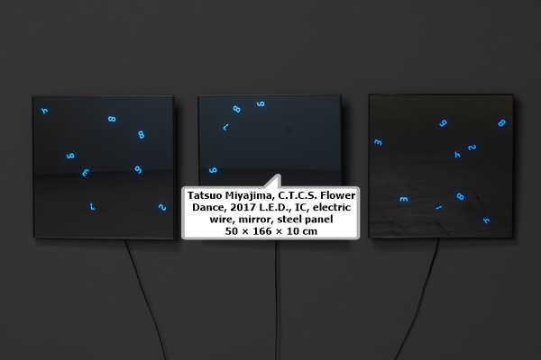 click to enlarge- double click to reduce Tatsuo Miyajima, C.T.C.S. Flower Dance, 2017
L.E.D., IC, electric wire, mirror, steel panel
50 × 166 × 10 cm