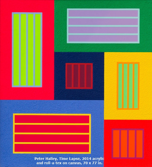 Peter Halley, Time Lapse, 2014 acrylic 
and roll-a-tex on canvas, 70 x 77 in.