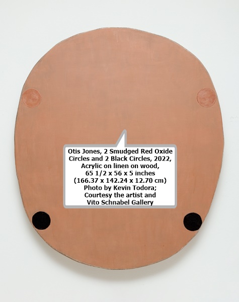 click to enlarge- double click to reduce Otis Jones, 2 Smudged Red Oxide Circles and 2 Black Circles, 2022, Acrylic on linen on wood, 65 1/2 x 56 x 5 inches (166.37 x 142.24 x 12.70 cm) Photo by Kevin Todora; Courtesy the artist and Vito Schnabel Gallery
