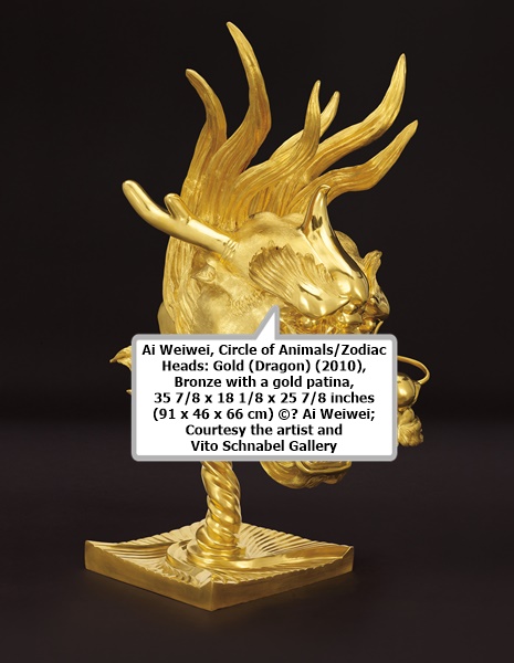 click to enlarge- double click to reduce Ai Weiwei, Circle of Animals/Zodiac Heads: Gold (Dragon) (2010), Bronze with a gold patina, 35 7/8 x 18 1/8 x 25 7/8 inches (91 x 46 x 66 cm) ©️ Ai Weiwei; Courtesy the artist and Vito Schnabel Gallery