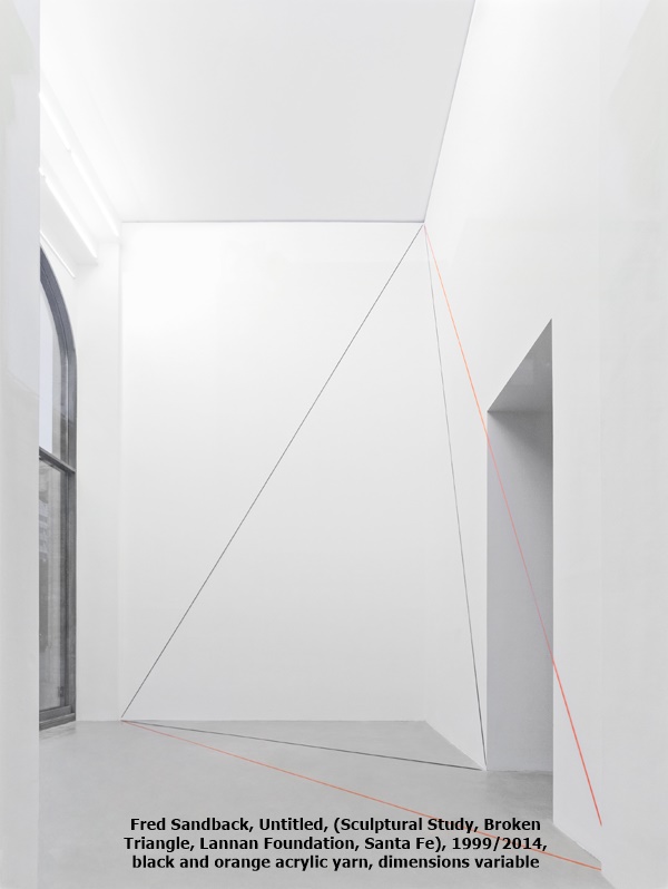 click to enlarge- double click to reduce Fred Sandback, Untitled, (Sculptural Study, Broken Triangle, Lannan Foundation, Santa Fe), 1999/2014, black and orange acrylic yarn, dimensions variable
