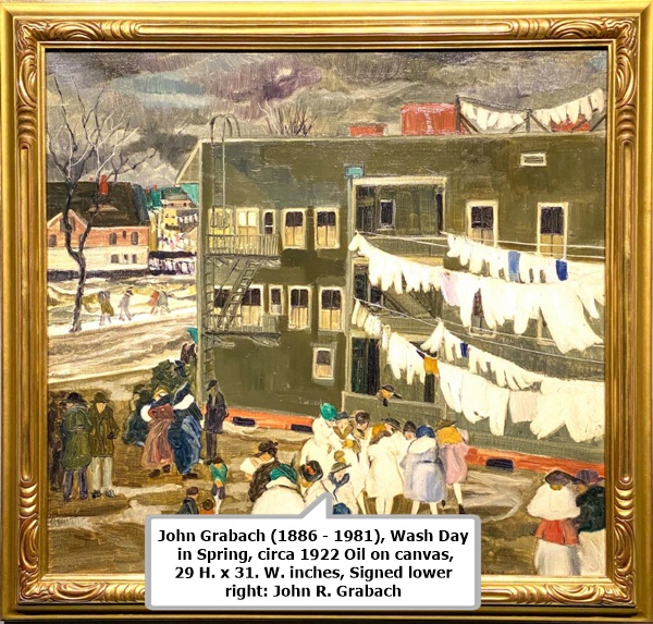 click to enlarge- double click to reduce John Grabach (1886 - 1981), Wash Day in Spring, circa 1922
Oil on canvas, 29 H. x 31. W. inches, Signed lower right: John R. Grabach