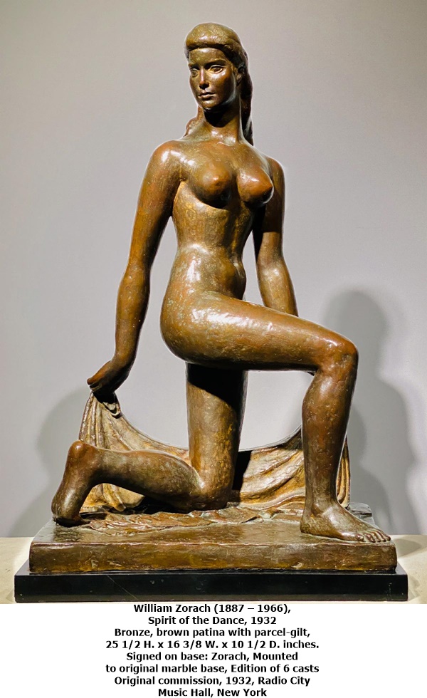 William Zorach (1887 – 1966), Spirit of the Dance, 1932
Bronze, brown patina with parcel-gilt, 25 1/2 H. x 16 3/8 W. x 10 1/2 D. inches.
Signed on base: Zorach, Mounted to original marble base, Edition of 6 casts
Original commission, 1932, Radio City Music Hall, New York