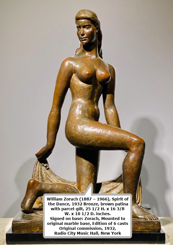 click to enlarge- double click to reduce William Zorach (1887 – 1966), Spirit of the Dance, 1932
Bronze, brown patina with parcel-gilt, 25 1/2 H. x 16 3/8 W. x 10 1/2 D. inches.
Signed on base: Zorach, Mounted to original marble base, Edition of 6 casts
Original commission, 1932, Radio City Music Hall, New York