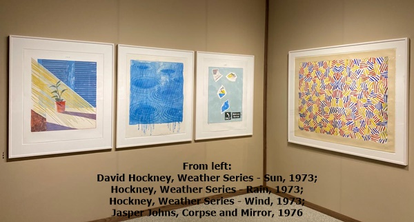 From left: David Hockney, Weather Series - Sun, 1973; Hockney, Weather Series - Rain, 1973; Hockney, Weather Series - Wind, 1973; Jasper Johns, Corpse and Mirror, 1976