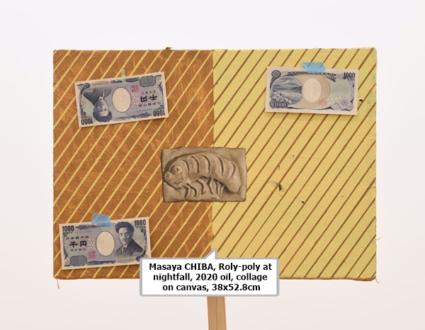 Masaya CHIBA, Roly-poly at nightfall, 2020
oil, collage on canvas, 38x52.8cm