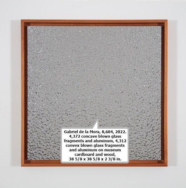 click to enlarge- double click to reduce Gabriel de la Mora, 8,684, 2022. 4,372 concave blown glass fragments and aluminum, 4,312 convex blown glass fragments and aluminum on museum cardboard and wood, 38 5/8 x 38 5/8 x 2 3/8 in.