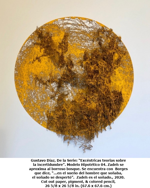 click to enlarge- double click to reduce Gustavo Díaz, De la Serie: “Excéntricas teorias sobre la incertidumbre”. Modelo Hipotético 04. Zadeh se aproxima al borroso bosque. Se encuentra con Borges que dice, “…en el sueño del hombre que soñaba, el soñado se despertó”. Zadeh es el soñado., 2020.
Cut out paper, pigment, & colored pencil, 26 5/8 x 26 5/8 in. (67.6 x 67.6 cm.)