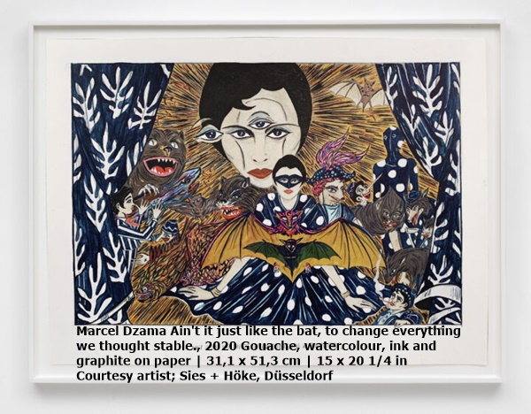 Marcel Dzama Ain't it just like the bat, to change everything we thought stable., 2020 Gouache, watercolour, ink and graphite on paper | 31,1 x 51,3 cm | 15 x 20 1/4 in

Courtesy artist; Sies + Höke, Düsseldorf