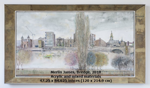click to enlarge- double click to reduce Merlin James
Dredge, 2018
Acrylic and mixed materials
47.25 x 84.625 inhces (120 x 214.9 cm)