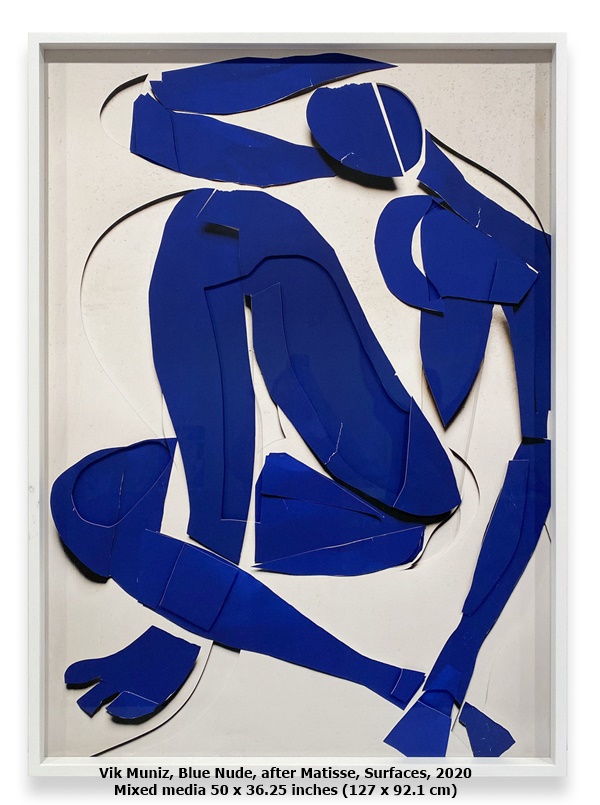 Vik Muniz
Blue Nude, after Matisse, Surfaces, 2020
Mixed media
50 x 36.25 inches (127 x 92.1 cm)