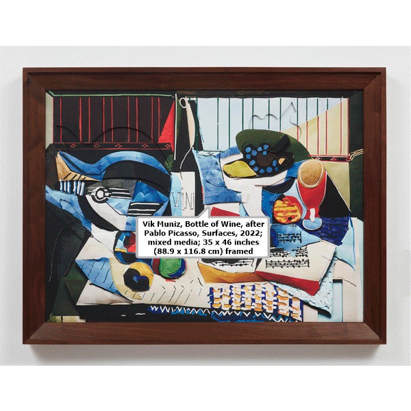 click to enlarge- double click to reduce Vik Muniz, Bottle of Wine, after Pablo Picasso, Surfaces, 2022; mixed media; 35 x 46 inches (88.9 x 116.8 cm) framed