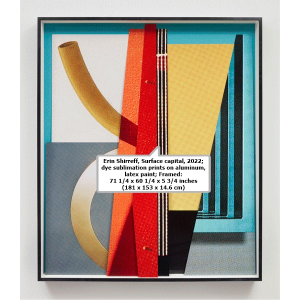 click to enlarge- double click to reduce Erin Shirreff, Surface capital, 2022; dye sublimation prints on aluminum, latex paint; Framed: 71 1/4 x 60 1/4 x 5 3/4 inches (181 x 153 x 14.6 cm)