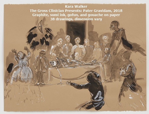 click to enlarge- double click to reduce Kara Walker
The Gross Clinician Presents: Pater Gravidam, 2018
Graphite, sumi ink, gofun, and gouache on paper
38 drawings, dimension vary