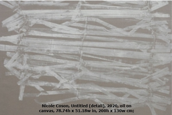click to enlarge- double click to reduce Nicole Coson, Untitled (detail), 2020, oil on canvas, 78.74h x 51.18w in, 200h x 130w cm;