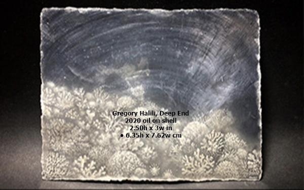 Gregory Halili, Deep End
2020
oil on shell
2.50h x 3w in • 6.35h x 7.62w cm